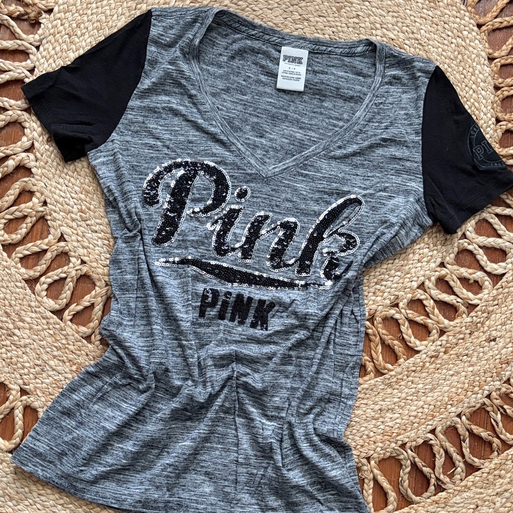 PINK Victoria's Secret Gray and Black Sequin Tee